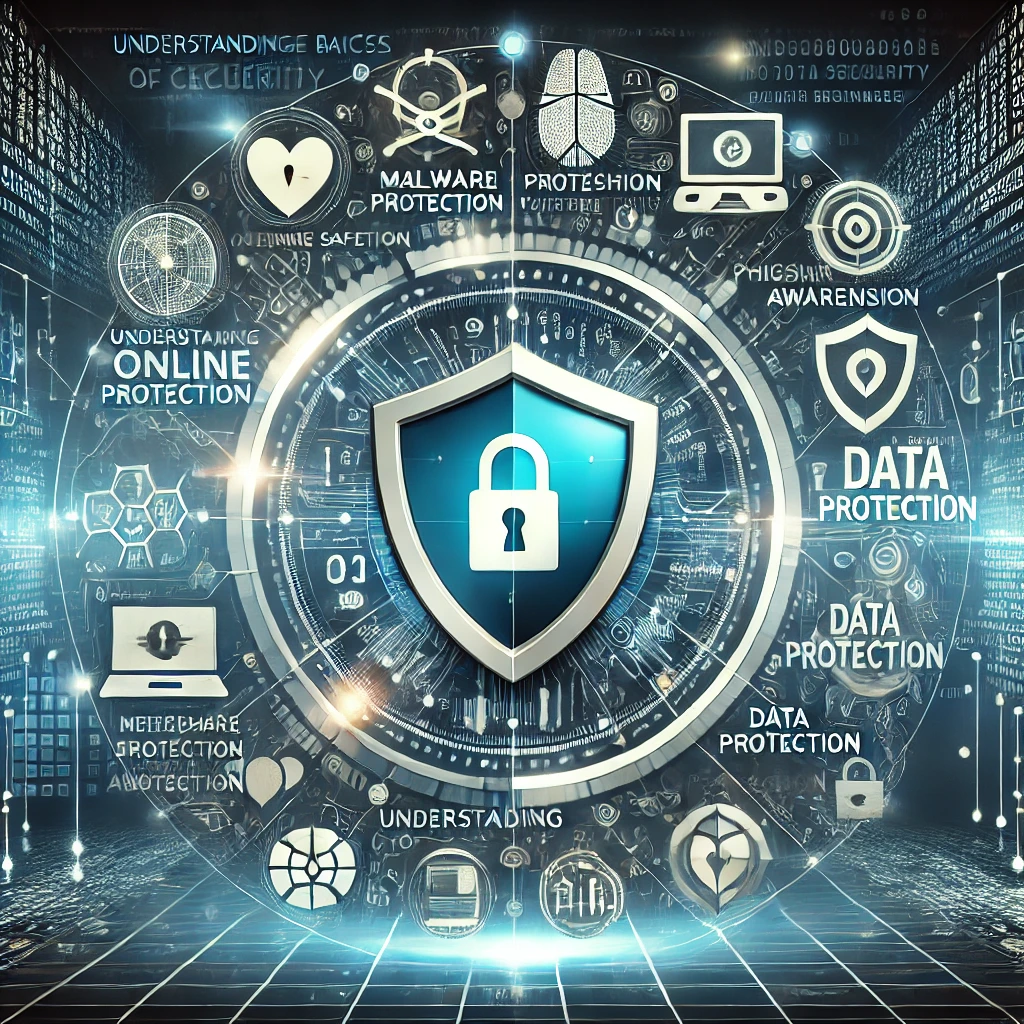 A visually appealing digital illustration representing the concept of cybersecurity basics for beginners. The image features a central shield icon sur